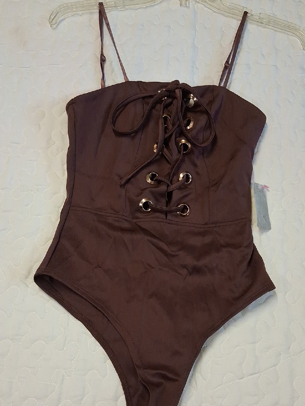 Fashion House Size Small Lace-Up Brown Women's Bodysuit /Snap Crotch Zipper Back